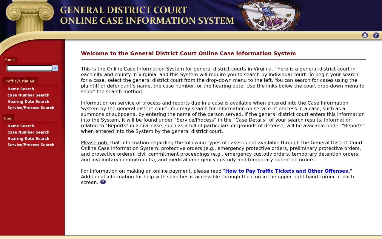 Chesapeake City General District Court search selection for warrant-related cases