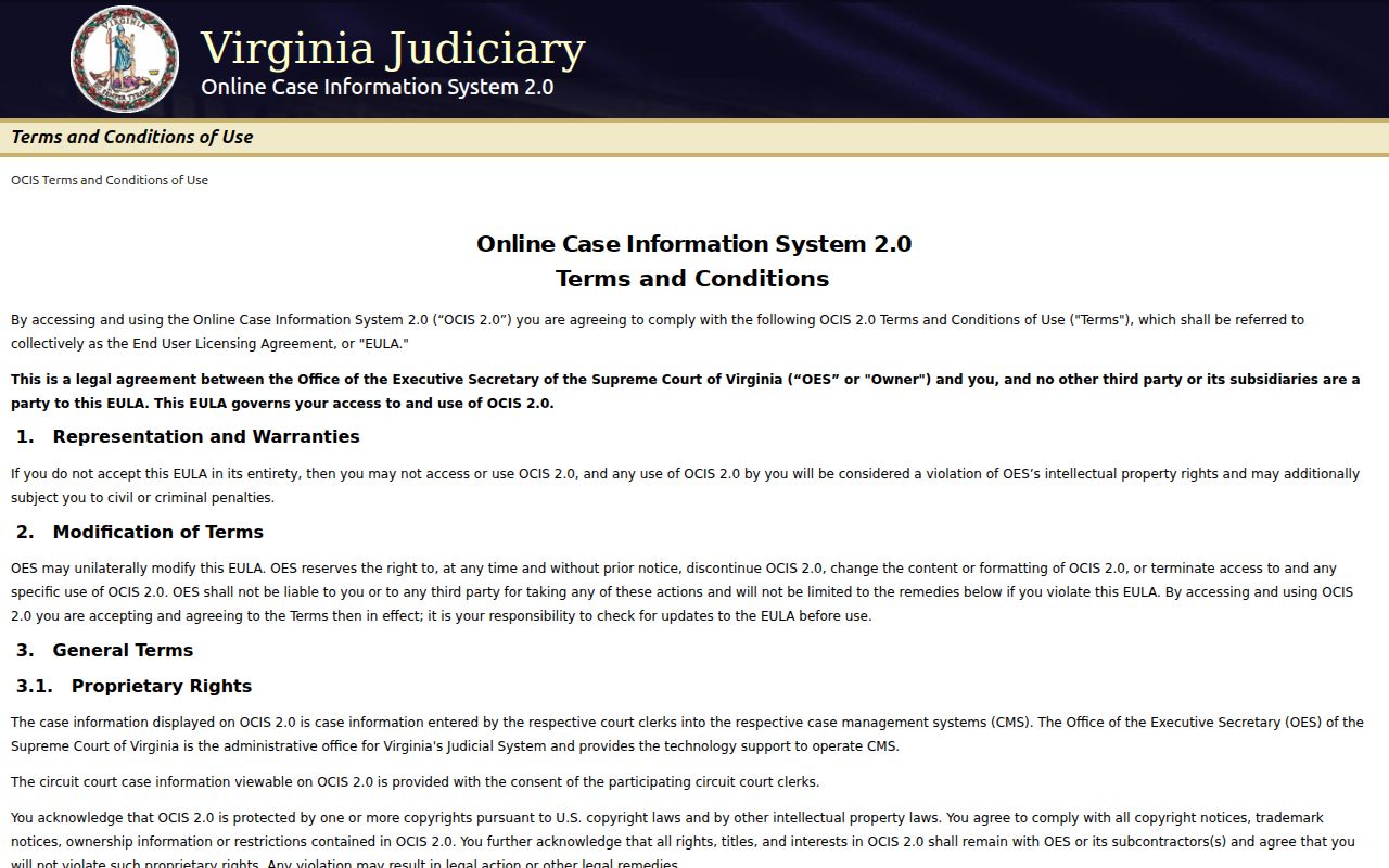 Virginia OCIS case search landing page for Chesapeake City warrant research