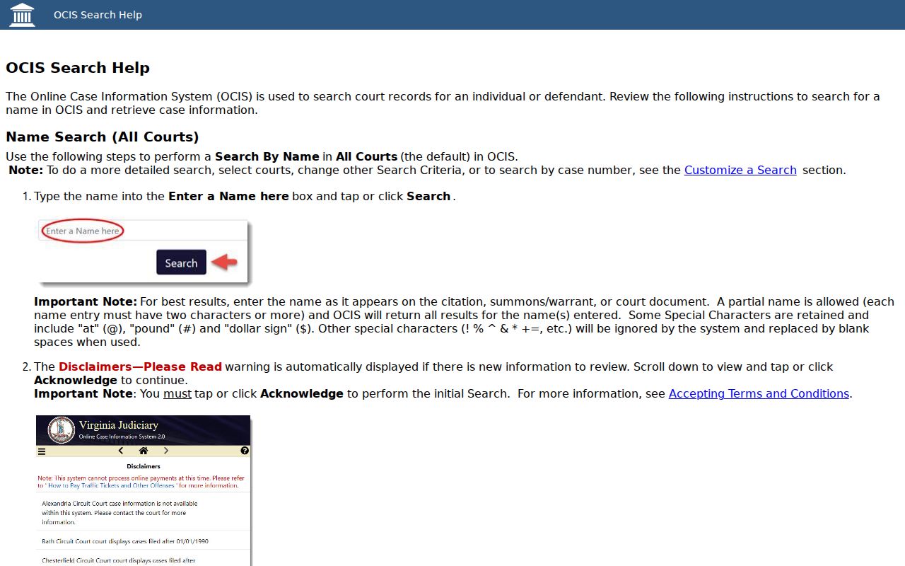 Chesapeake City warrant search guidance from Virginia OCIS name-search help