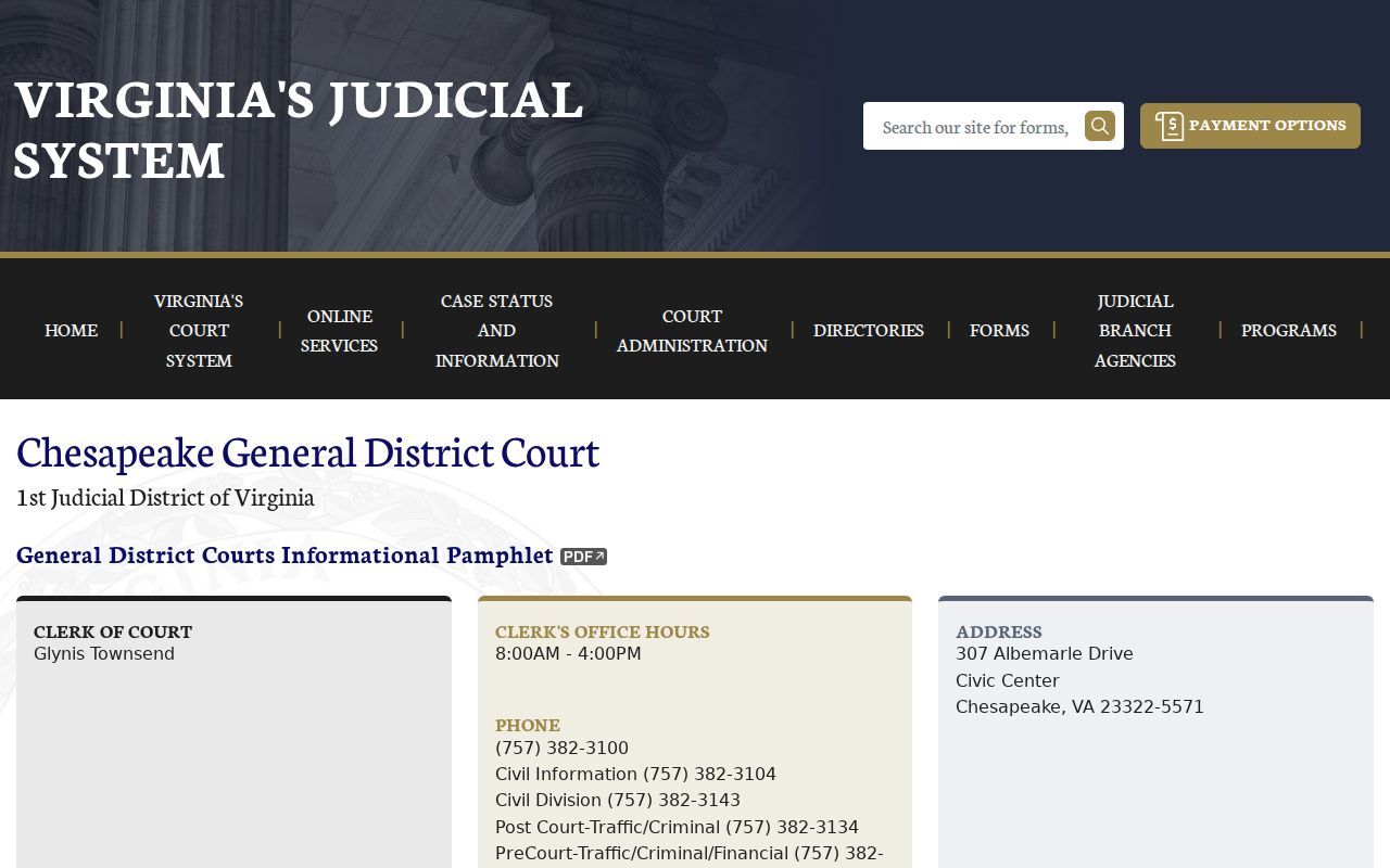 Chesapeake General District Court clerk information for local traffic and ordinance warrants