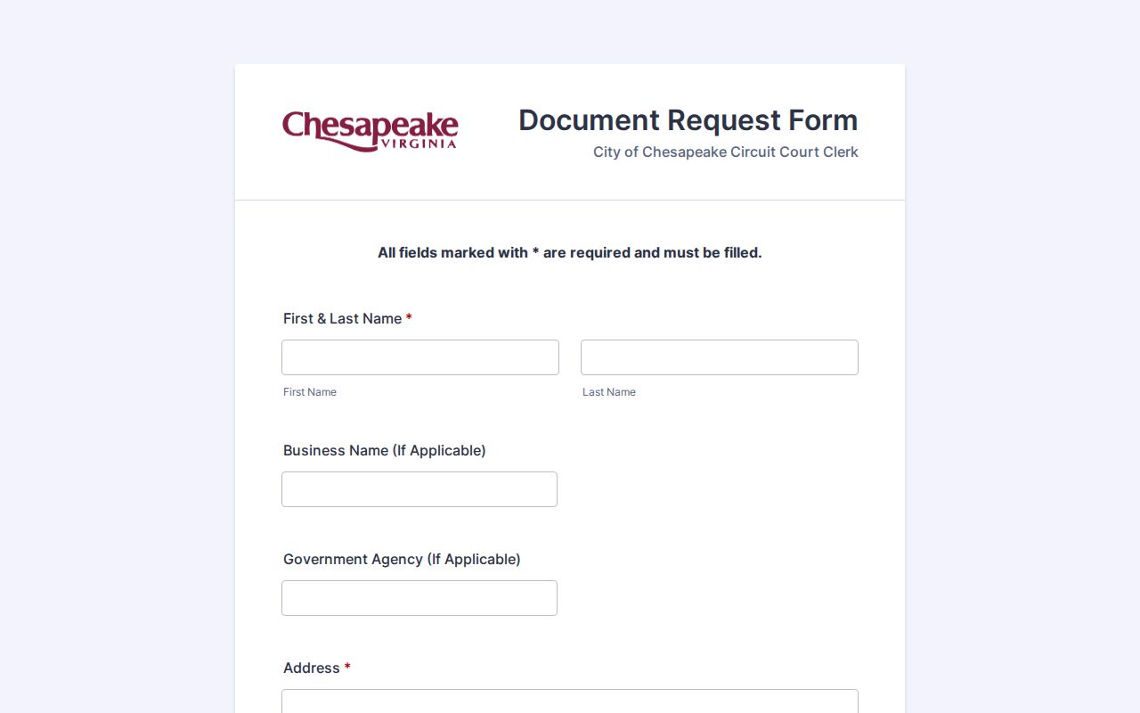 Chesapeake Circuit Court criminal document request form for warrant copies