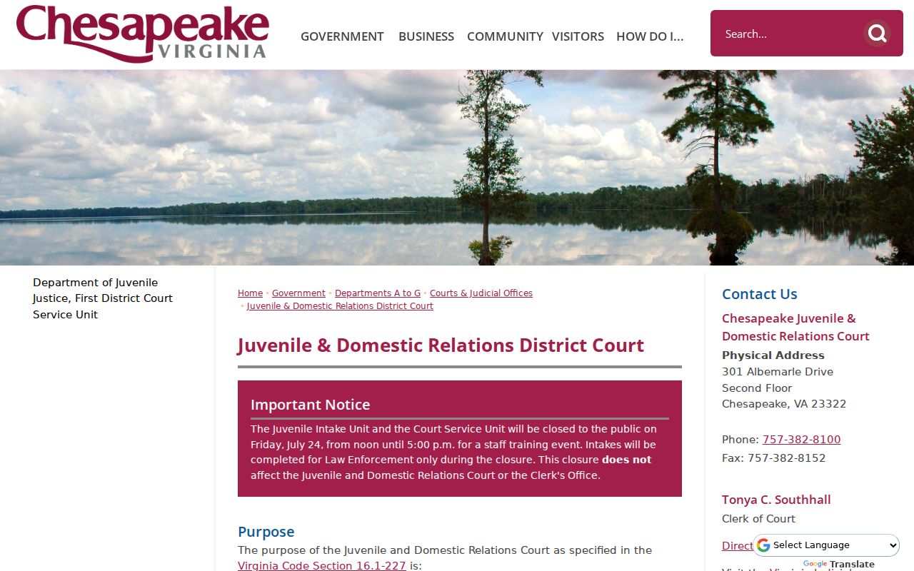 Chesapeake City juvenile warrant court schedule and JDR clerk information