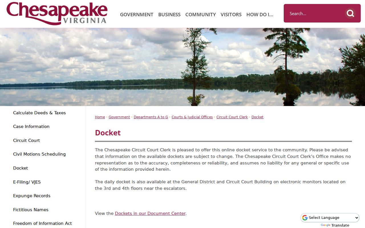 Chesapeake City warrant docket access and its Circuit Court status notice