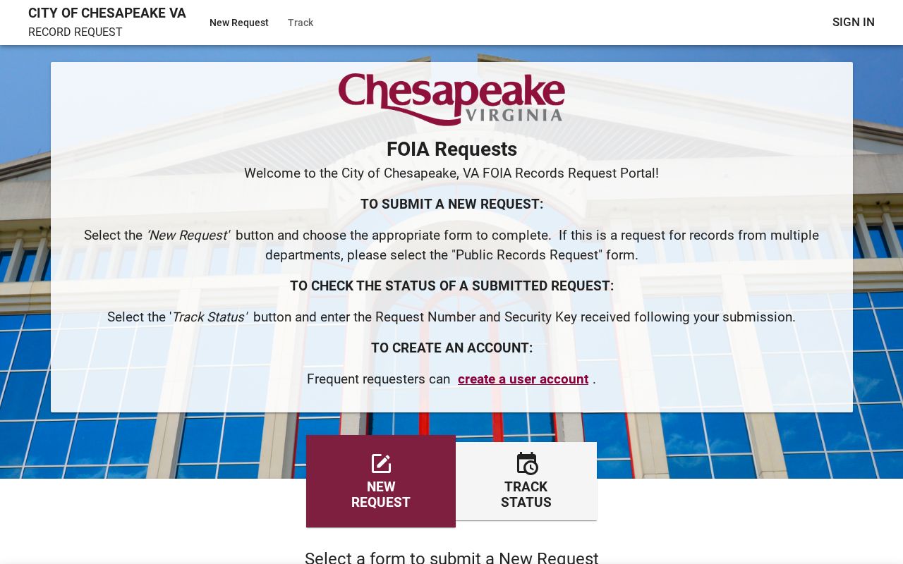 Chesapeake JustFOIA online portal for requesting existing warrant-related records