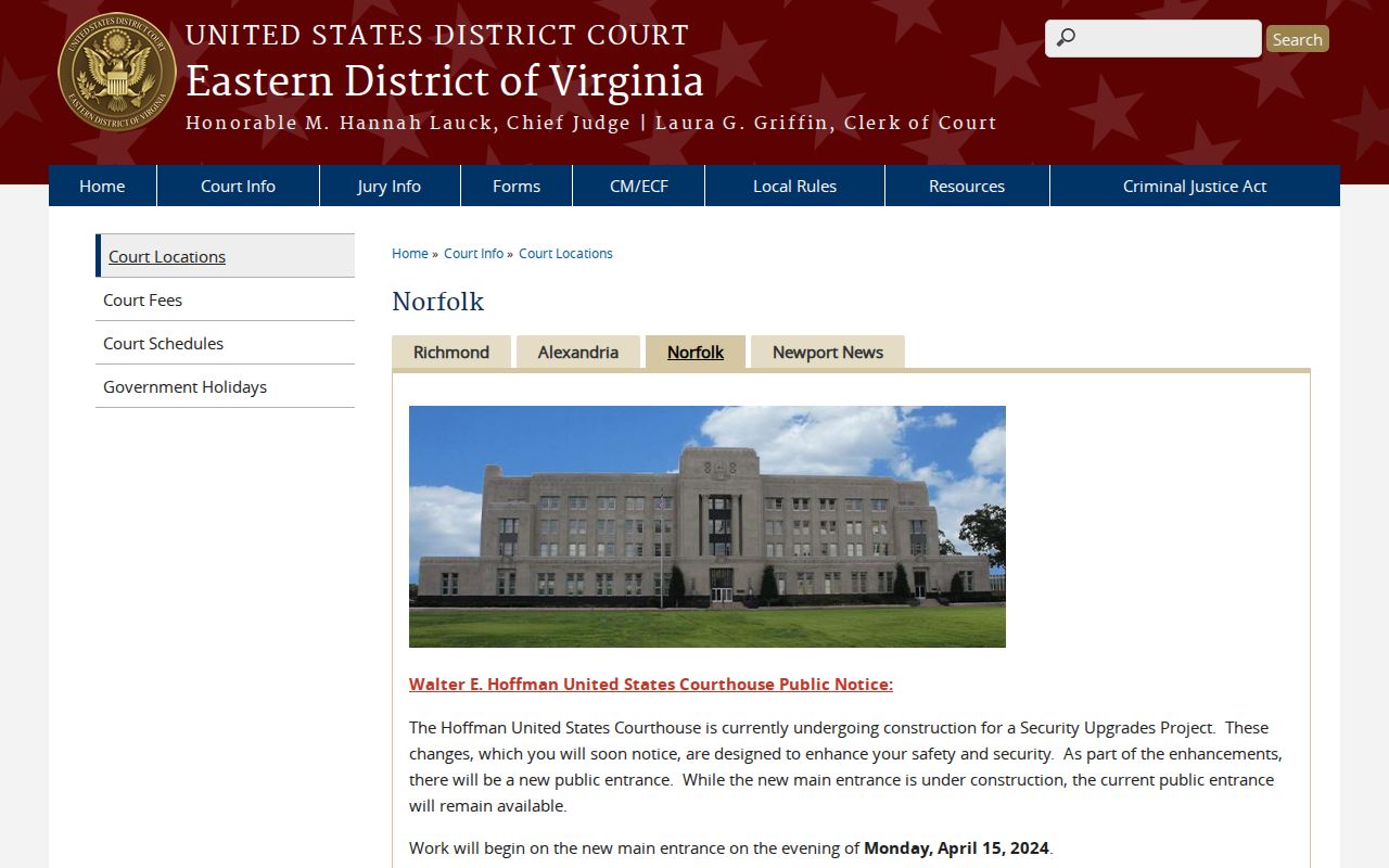 Norfolk federal courthouse route for Chesapeake City warrant searches