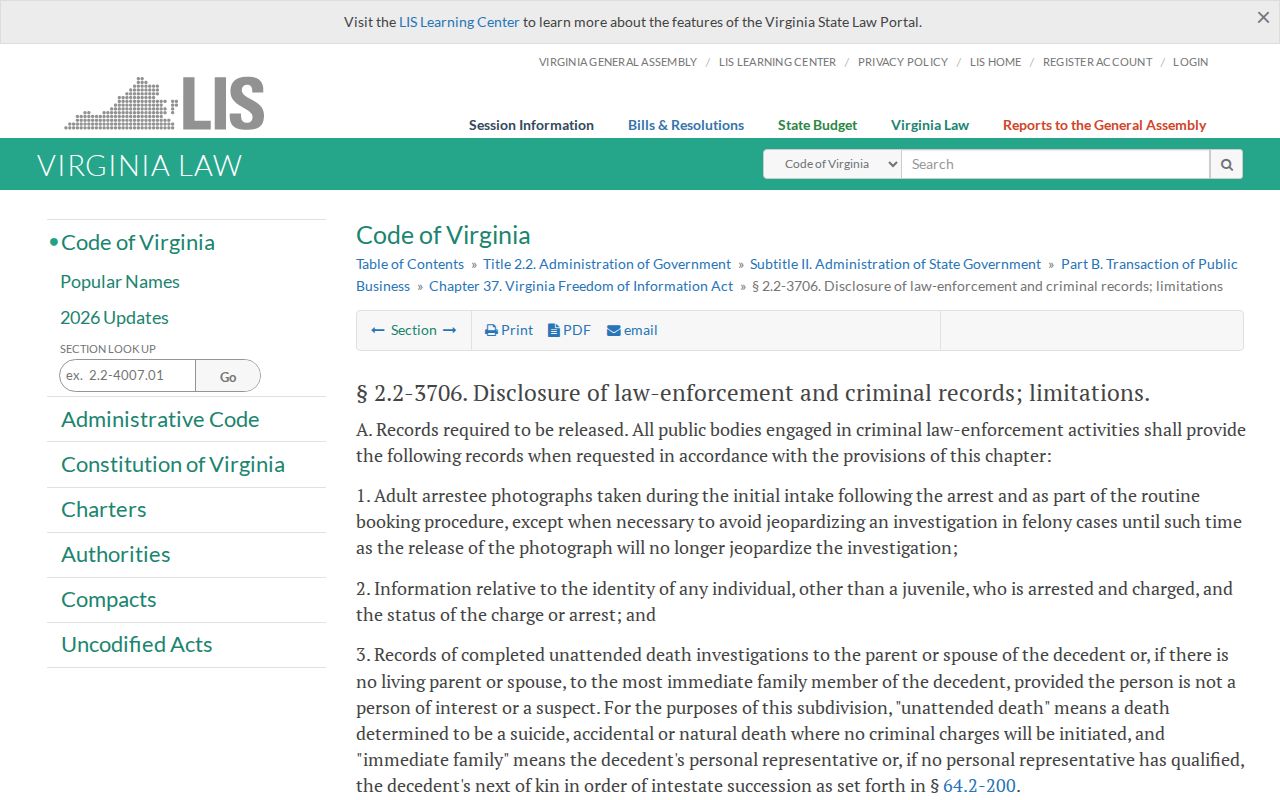 Virginia law-enforcement record disclosure limits for Chesapeake warrant records