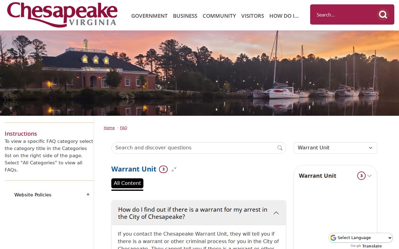 Chesapeake City warrant unit phone confirmation instructions